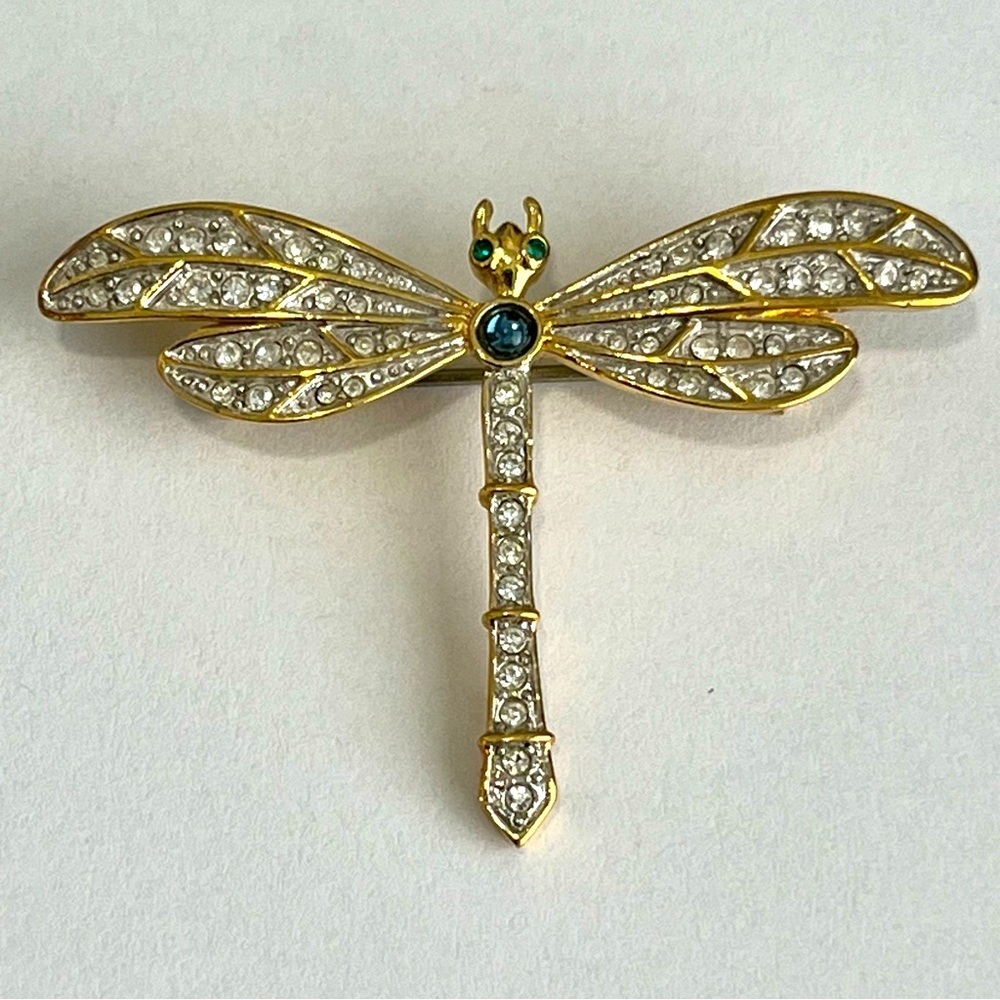 Golden Crystal Dragonfly Brooch Pin 1.25" - Picture 3 of 10